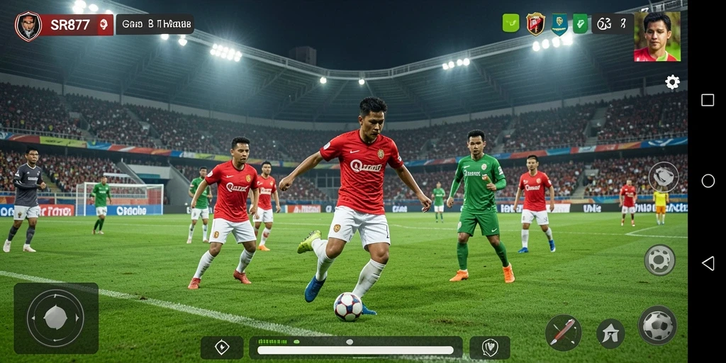 Tangkapan layar gameplay SR877 saat pertandingan sepak bola seru.